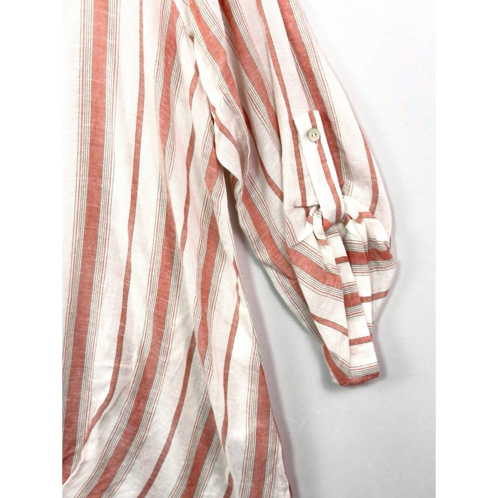 Staccato L Coral White Stripe Hi Lo Button Blouse Shirt Hem Roll Tab Slv Linen - Picture 3 of 10